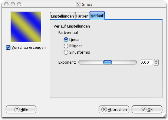 Eigenschaften (Verlauf) für das Filter Sinus